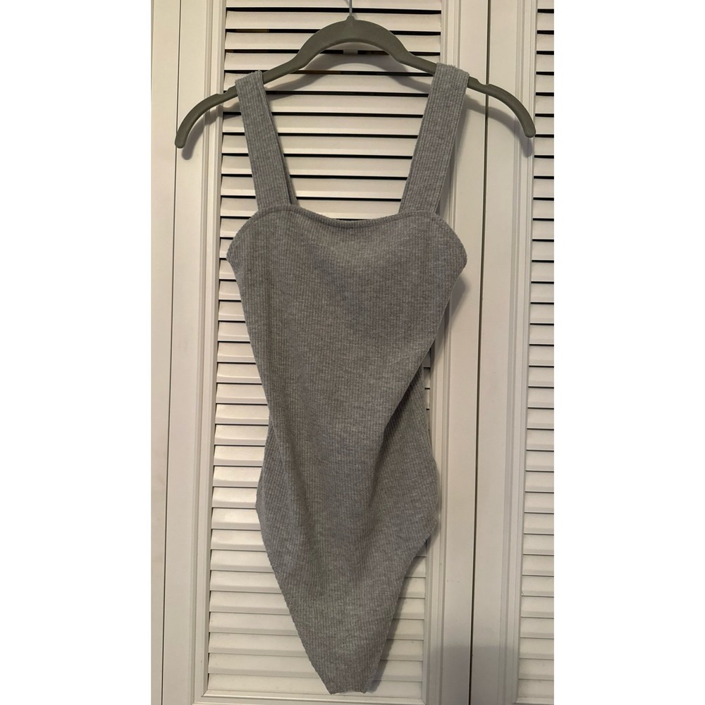 American Eagle Ribbed Tank Bodysuit Light Gray Square Neck Sleeveless Small